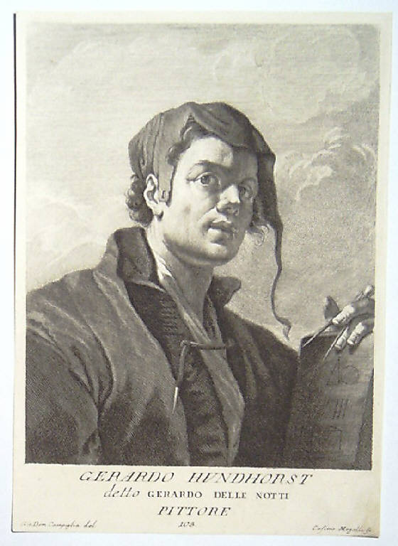 Ritratto di Gerrit Van Honthorst pittore (stampa smarginata, elemento d'insieme) di Mogalli Cosimo, Campiglia Giovanni Domenico, Van Honthorst Gerrit (terzo quarto sec. XVIII)