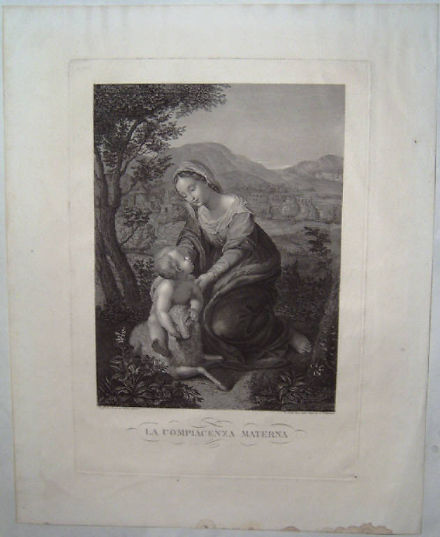 Madonna con Bambino che gioca con l'agnello (stampa) di Rolla V, Sanzio Raffaello (metà sec. XIX)