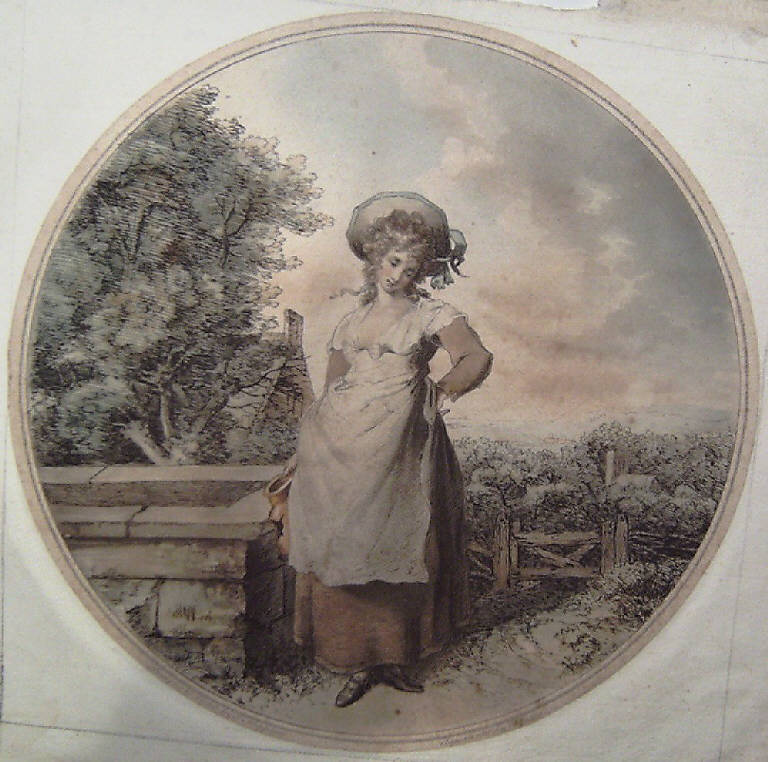 Contadina al pozzo con l'anfora rotta (stampa colorata a mano smarginata) di Hoppner John, Jukes Francis, Hoppner John (secc. XVIII/ XIX)