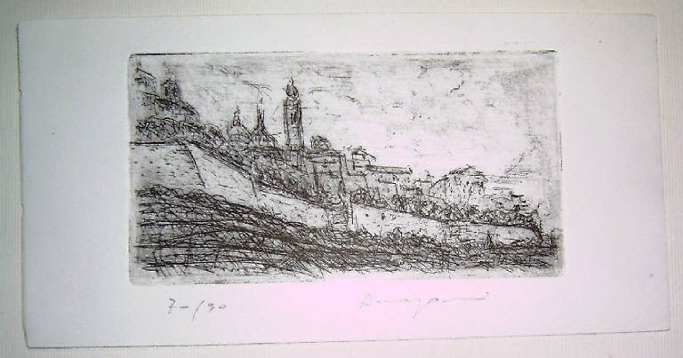 Veduta urbana con mura (stampa) di Dragoni Luigi, Dragoni Luigi (fine sec. XX)