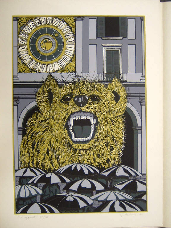 Veduta urbana con leone (stampa a colori, elemento d'insieme) di De Lucia Giuseppe, De Lucia Giuseppe (sec. XX)