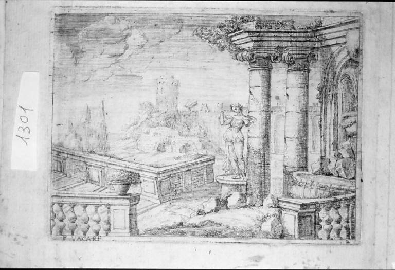 Vedute di prospettiva, di rovine, di fontane, di edifici e di statue (stampa, serie) di Vaccaro Francesco (sec. XVII)