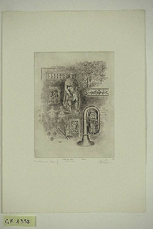 Statua e tromba (stampa) di Costantini Marco, Costantini Marco (terzo quarto sec. XX)