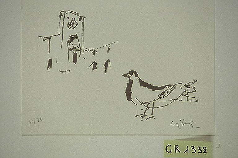 Uccello e chiesa (stampa, elemento d'insieme) di Celiberti Giorgio, Celiberti Giorgio (fine sec. XX)
