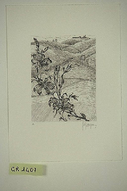 Paesaggio con fiori (stampa, elemento d'insieme) di Guerzoni Iole, Guerzoni Iole (fine sec. XX)