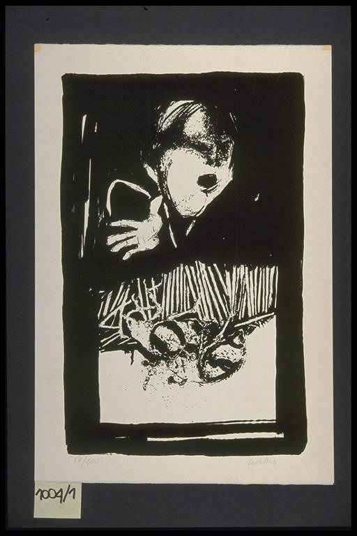 Figura maschile e grosso insetto (stampa, elemento d'insieme) di Cavallari Alberto, Cavallari Alberto (terzo quarto sec. XX)