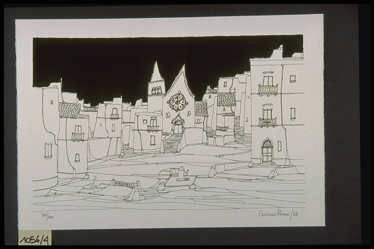 Veduta di un paese (stampa, elemento d'insieme) di Bruni Gianni, Bruni Gianni (terzo quarto sec. XX)