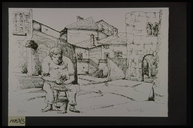 Veduta di paese con contadino (stampa, elemento d'insieme) di Brambilla Giovanni, Brambilla Giovanni (terzo quarto sec. XX)