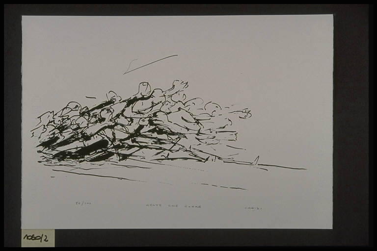 gent che corre, Scena di battaglia (stampa, elemento d'insieme) di Caridi Vincenzo, Caridi Vincenzo (terzo quarto sec. XX)