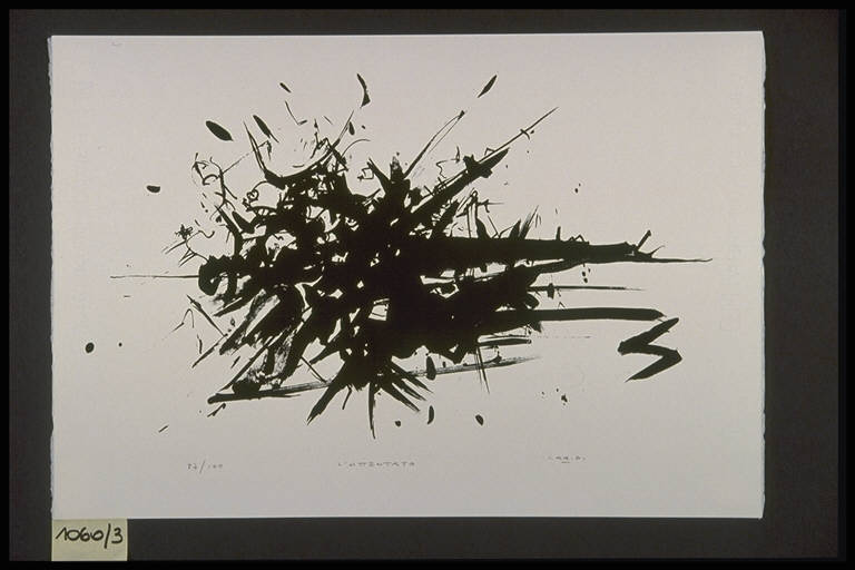 l'attentato, Composizione astratta (stampa, elemento d'insieme) di Caridi Vincenzo, Caridi Vincenzo (terzo quarto sec. XX)