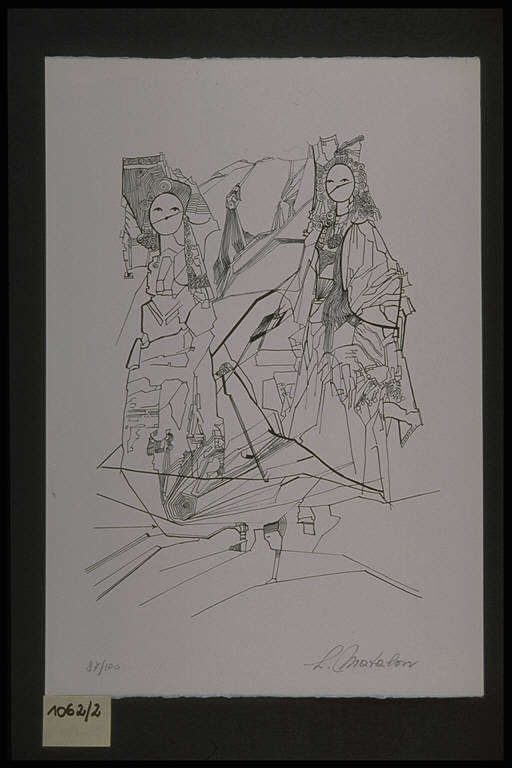 Figure in un paesaggio fantastico (stampa, elemento d'insieme) di Matalon Luciana, Matalon Luciana (terzo quarto sec. XX)