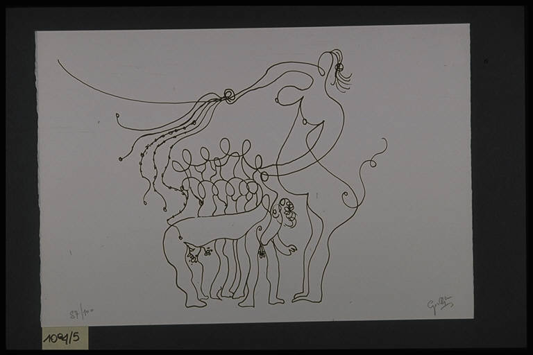 Figura femminile e bambini (stampa, elemento d'insieme) di Giolli Carretto Benito Del, Giolli Carretto Benito Del (terzo quarto sec. XX)