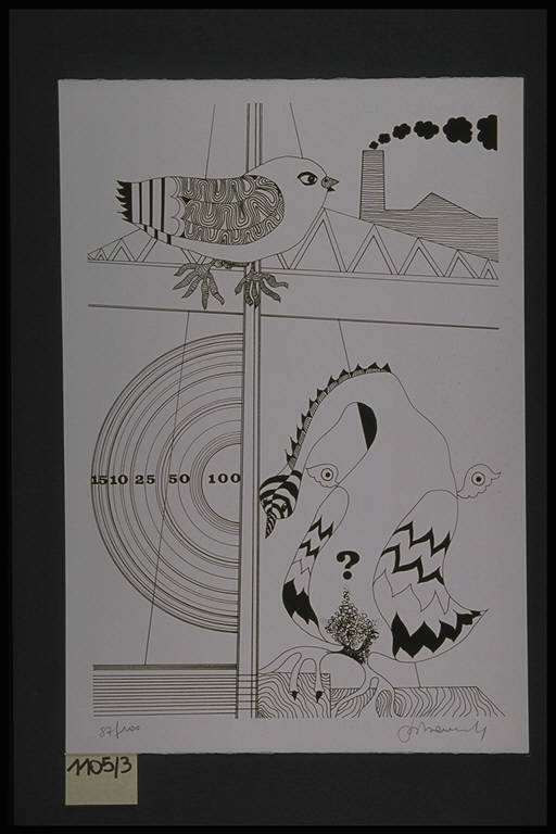 Uccelli fantastici con tiro a segno e fabbrica (stampa, elemento d'insieme) di Pisano Edoardo, Pisano Edoardo (terzo quarto sec. XX)