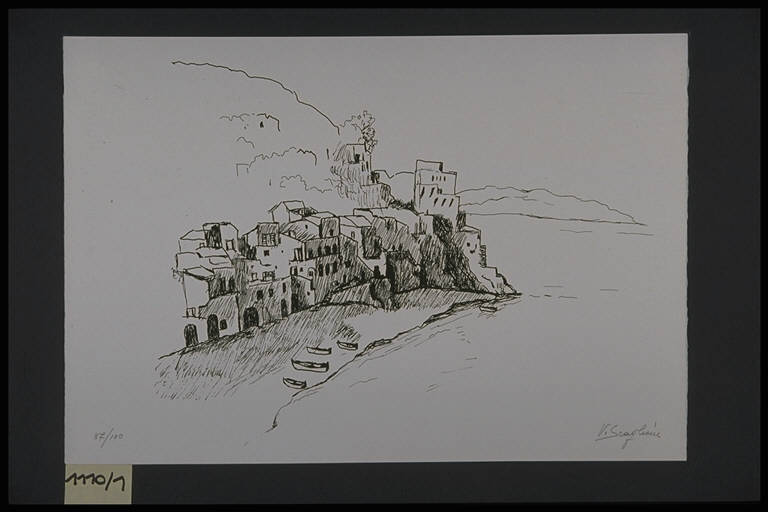 Paesaggio marino con case e barche (stampa, elemento d'insieme) di Scaglione Monaco Virginia Del, Scaglione Monaco Virginia Del (terzo quarto sec. XX)