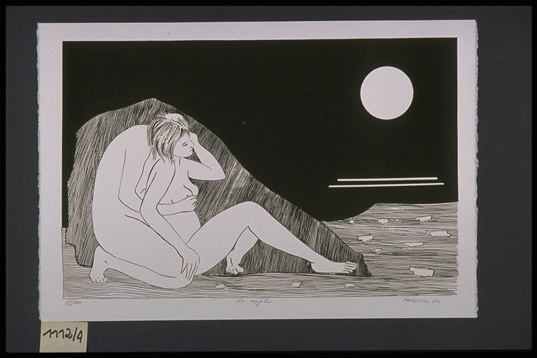 Lo scoglio, Due amanti nudi e abbracciati di notte dietro ad una roccia su una spiaggia (stampa, elemento d'insieme) di Marengo Adalberto, Marengo Adalberto (terzo quarto sec. XX)