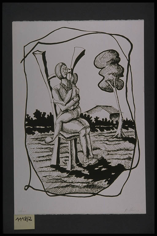 Figura femminile seduta su una sedia con bambino in braccio. Sullo sfondo albero, cespugli e casa (stampa, elemento d'insieme) di Marino Enzo, Marino Enzo (terzo quarto sec. XX)