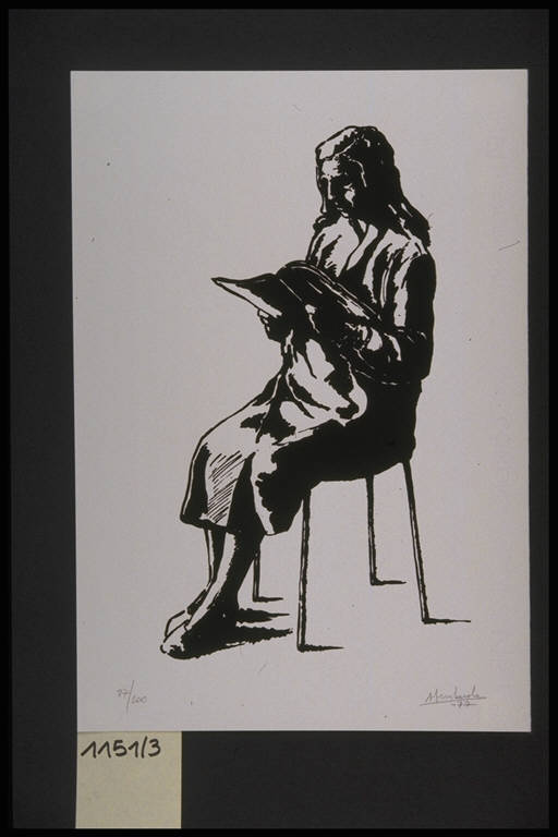 Figura femminile seduta che legge (stampa, elemento d'insieme) di Lombardo Luigi, Lombardo Luigi (terzo quarto sec. XX)