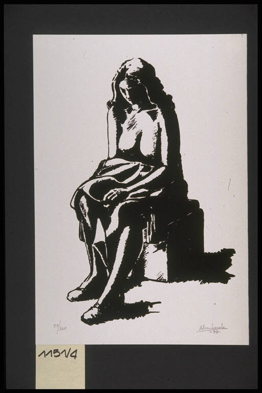 Figura femminile nuda seduta che tiene tra le mani un tessuto (stampa, elemento d'insieme) di Lombardo Luigi, Lombardo Luigi (terzo quarto sec. XX)