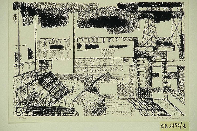 Paesaggio con architetture (stampa, elemento d'insieme) di Bianchi Liliana, Bianchi Liliana (terzo quarto sec. XX)