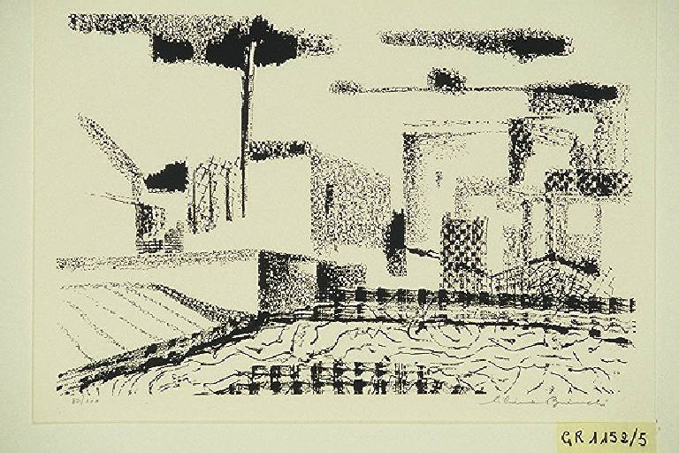 Paesaggio con architetture industriali (stampa, elemento d'insieme) di Bianchi Liliana, Bianchi Liliana (terzo quarto sec. XX)