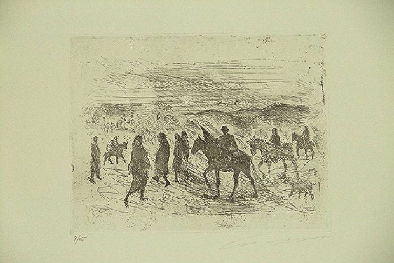 Paesaggio con figure a piedi e a cavallo (stampa, elemento d'insieme) di Treccani Ernesto, Treccani Ernesto (terzo quarto sec. XX)