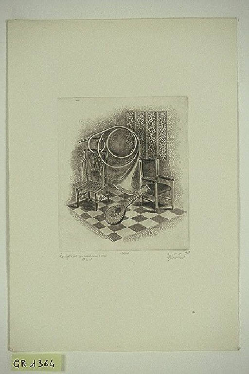 Composizione con mandolino e corno, Mandolino e corno (stampa) di Costantini Marco, Costantini Marco (terzo quarto sec. XX)