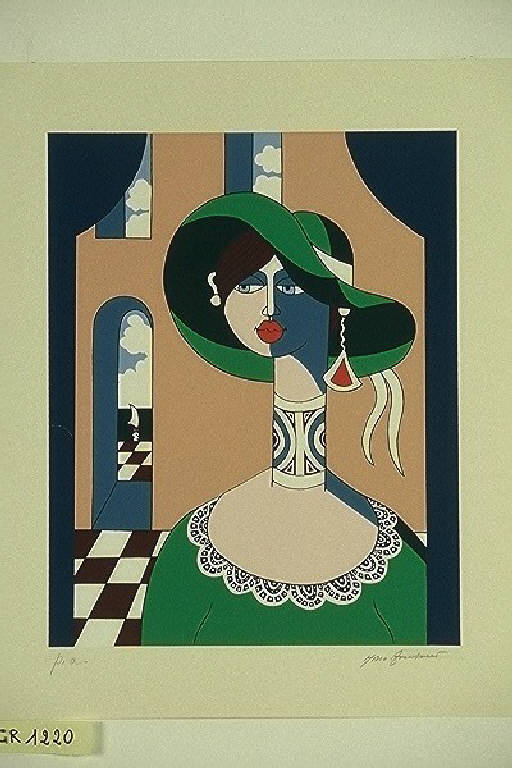 Donna del sud, Figura femminile con cappello (stampa) di Fontana Mario, Fontana Mario (terzo quarto sec. XX)