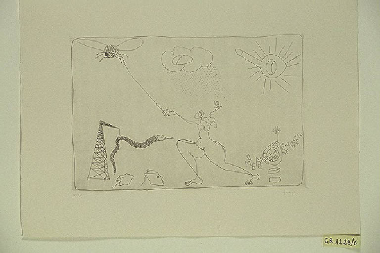 Omaggio a Jung, Figura femminile con mosca e serpente (stampa, elemento d'insieme) di Vaccarone Francesco, Vaccarone Francesco (terzo quarto sec. XX)