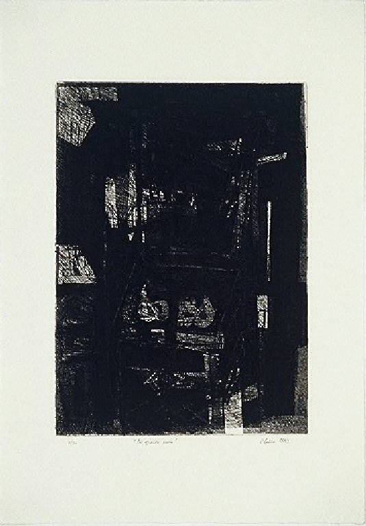 Composizione con sedia e frutta (stampa) di Marra Mino, Marra Mino (ultimo quarto sec. XX)