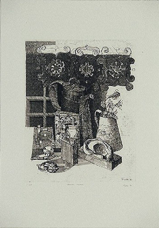 Natura morta con recipienti, oggetti e fiori (stampa) di Marra Mino, Marra Mino (ultimo quarto sec. XX)