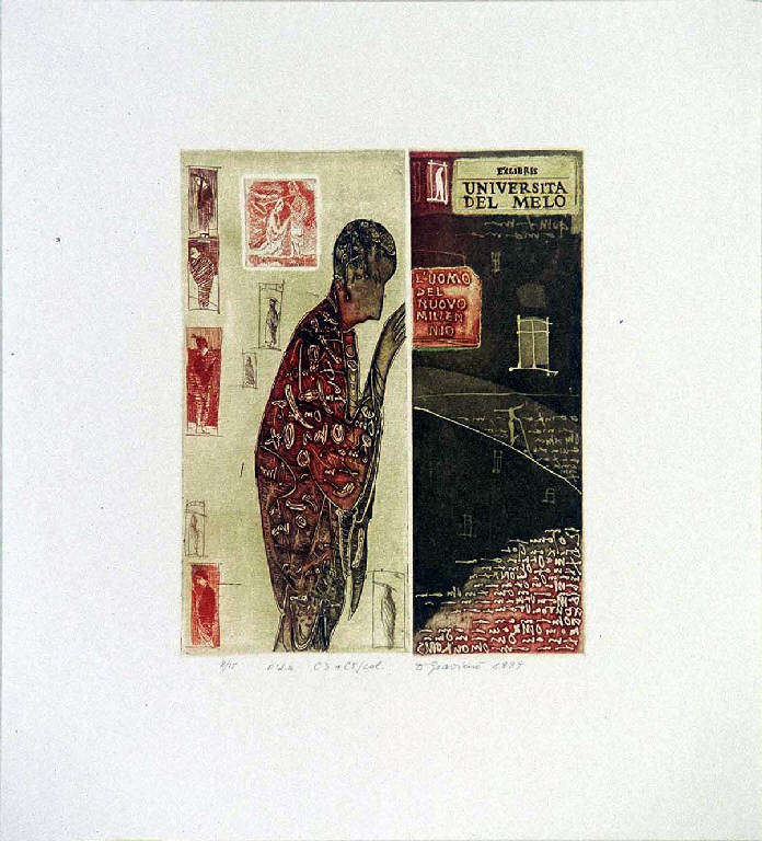 Figura femminile in piedi di profilo (ex libris, stampa composita) di Graziene Danute, Graziene Danute (ultimo quarto sec. XX)