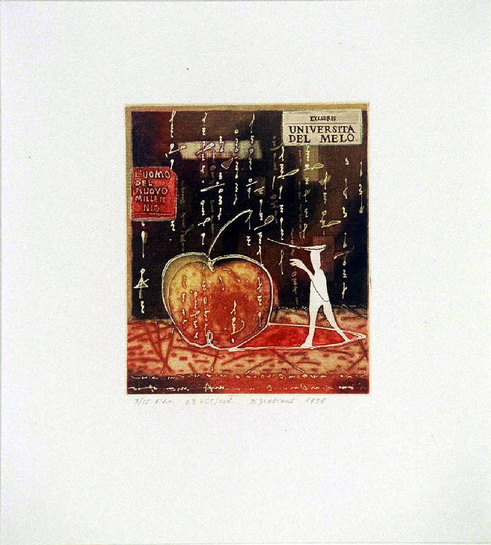 Composizione astratta con mela e figura (ex libris, stampa composita) di Graziene Danute, Graziene Danute (ultimo quarto sec. XX)