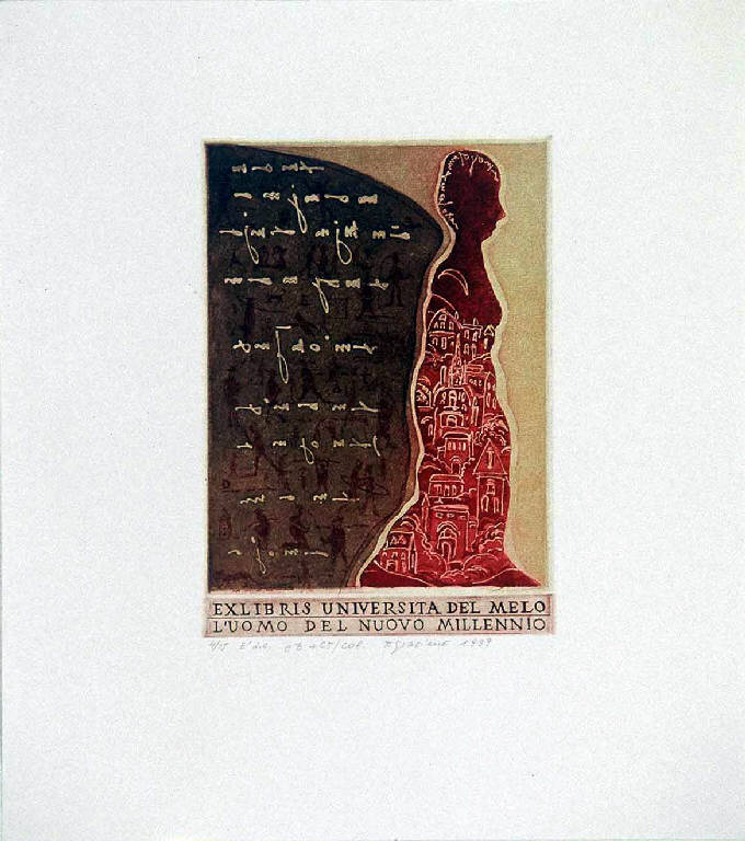 Sagoma di donna di profilo (ex libris, stampa composita) di Graziene Danute, Graziene Danute (ultimo quarto sec. XX)