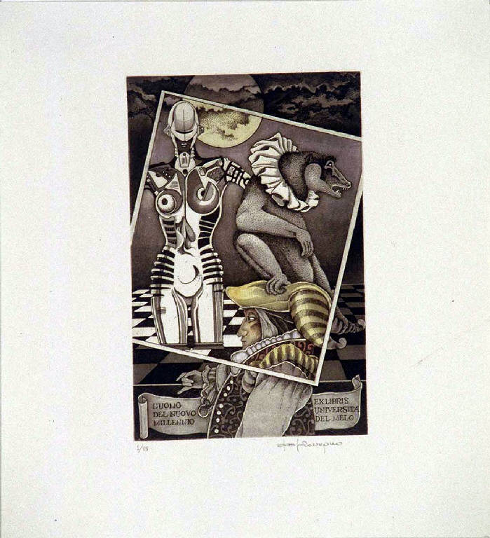 Composizione astratta con busto femminile, animale fantastico e uomo di profilo (ex libris colorato a mano) di Rovegno Paolo, Rovegno Paolo (ultimo quarto sec. XX)