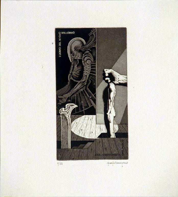 Composizione fantastica con scheletro, figura maschile di profilo e mano (ex libris) di Rovegno Paolo, Rovegno Paolo (ultimo quarto sec. XX)