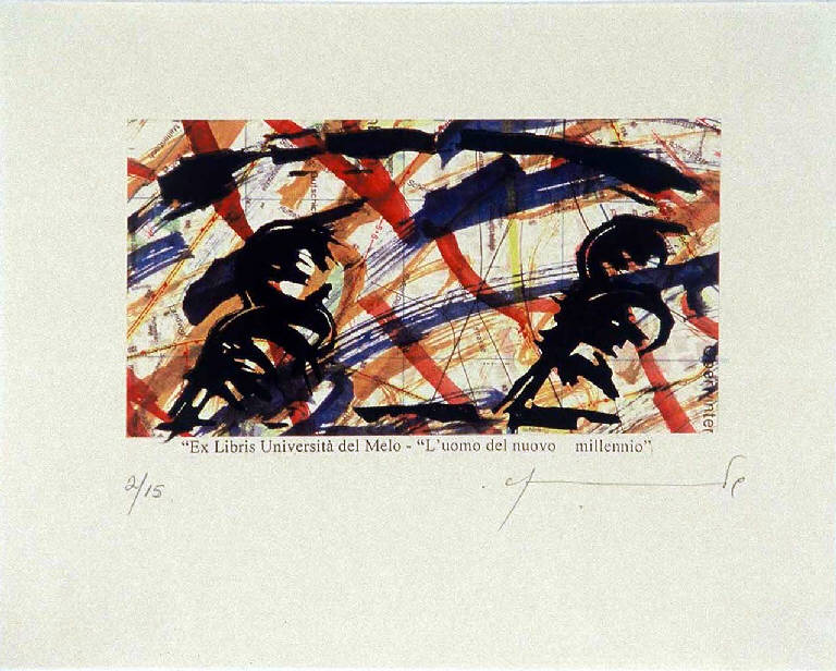 Composizione astratta di colori, linee e parole (ex libris) di Lara Claudio, Lara Claudio (ultimo quarto sec. XX)