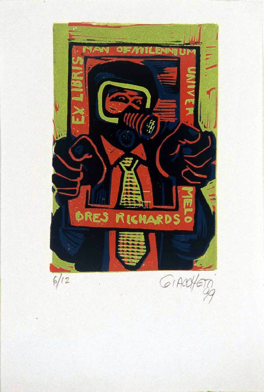 Figura maschile con maschera antigas (ex libris) di Giacchetti Adrian, Giacchetti Adrian (ultimo quarto sec. XX)