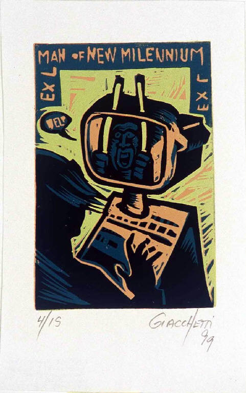 Figura maschile con computer (ex libris) di Giacchetti Adrian, Giacchetti Adrian (ultimo quarto sec. XX)