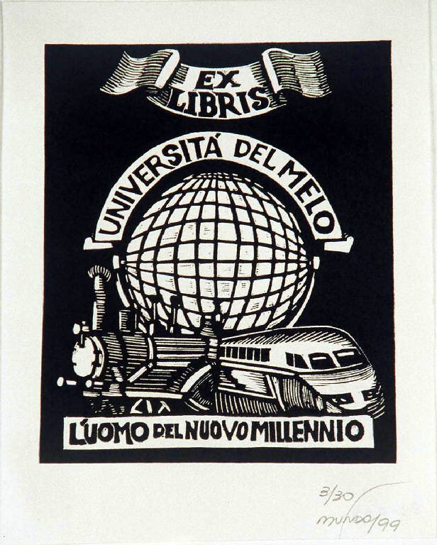Mappamondo e treni (ex libris) di Mundo René, Mundo René (ultimo quarto sec. XX)