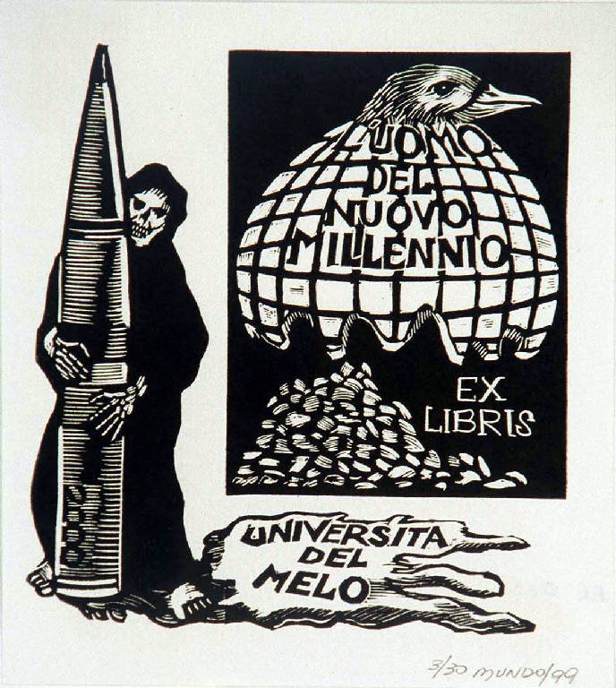 Scheletro con missile e mondo (ex libris) di Mundo René, Mundo René (ultimo quarto sec. XX)