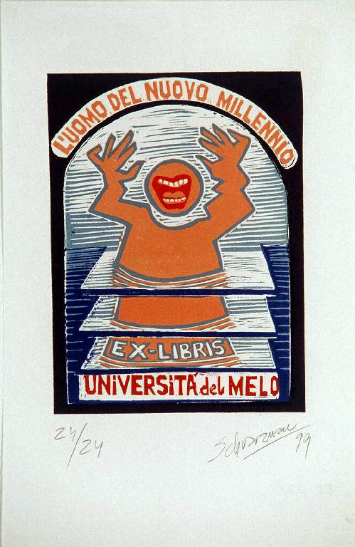 Sagoma di uomo urlante (ex libris) di Schvarzman Mauricio, Schvarzman Mauricio (ultimo quarto sec. XX)