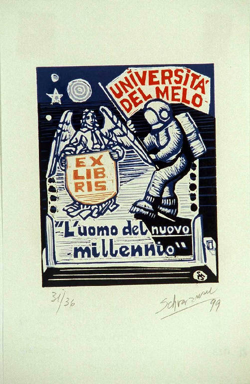 Astronauta e angelo (ex libris) di Schvarzman Mauricio, Schvarzman Mauricio (ultimo quarto sec. XX)
