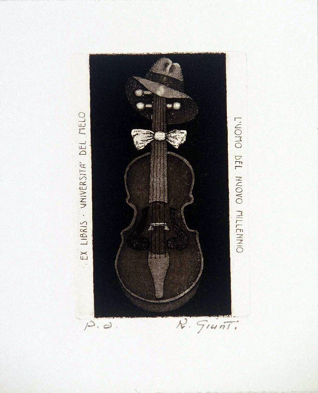 Violino con cappello e papillon (ex libris) di Giunti Raffaello, Giunti Raffaello (ultimo quarto sec. XX)