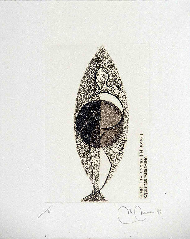 Figura di uomo stilizzato (ex libris) di Moro Monica, Moro Monica (ultimo quarto sec. XX)