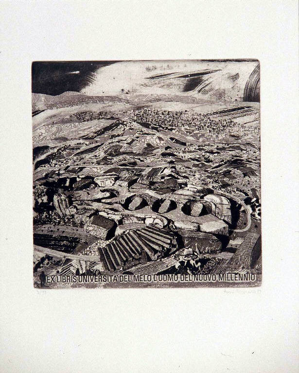 Veduta aerea di un paesaggio collinare (ex libris) di Pecoraro Toni, Pecoraro Toni (ultimo quarto sec. XX)