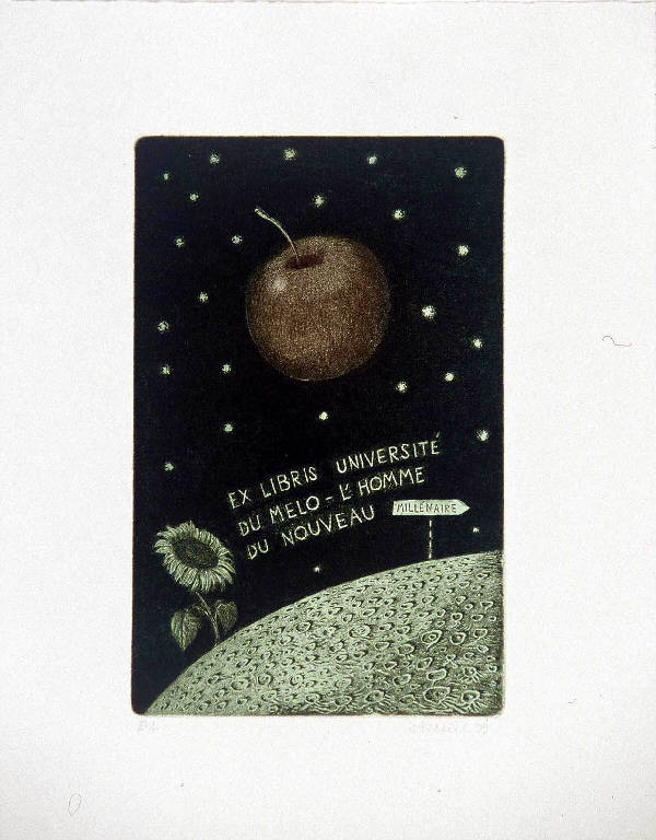 Paesaggio lunare fantastico con mela e girasole (ex libris) di Pilecek Jindrich, Pilecek Jindrich (ultimo quarto sec. XX)