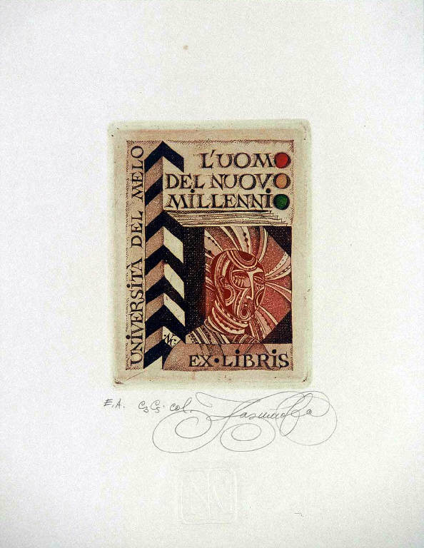 Composizione con elementi geometrici, scritte e volto (ex libris) di Kazimova Nina, Kazimova Nina (ultimo quarto sec. XX)