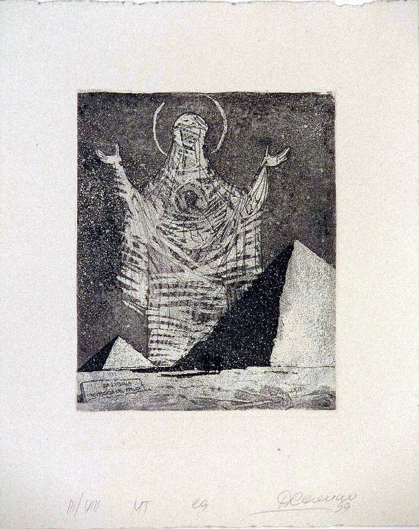 Madonna che appare tra due piramidi (ex libris, stampa composita) di Sayenko Dimitri, Sayenko Dimitri (ultimo quarto sec. XX)