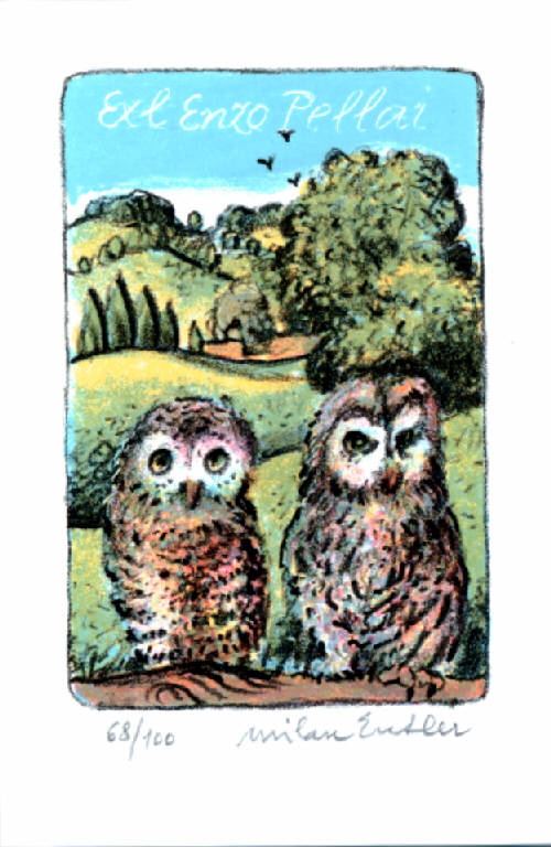 Paesaggio con civette (ex libris) di Milan Enter, Milan Enter (ultimo quarto sec. XX)