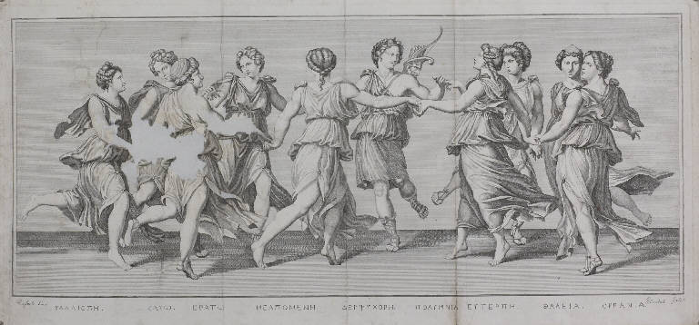 Apollo danza con le Muse (stampa smarginata) di Peruzzi Baldassarre, Blanchard Auguste Jean Baptiste Marie (?) (prima metà sec. XIX)